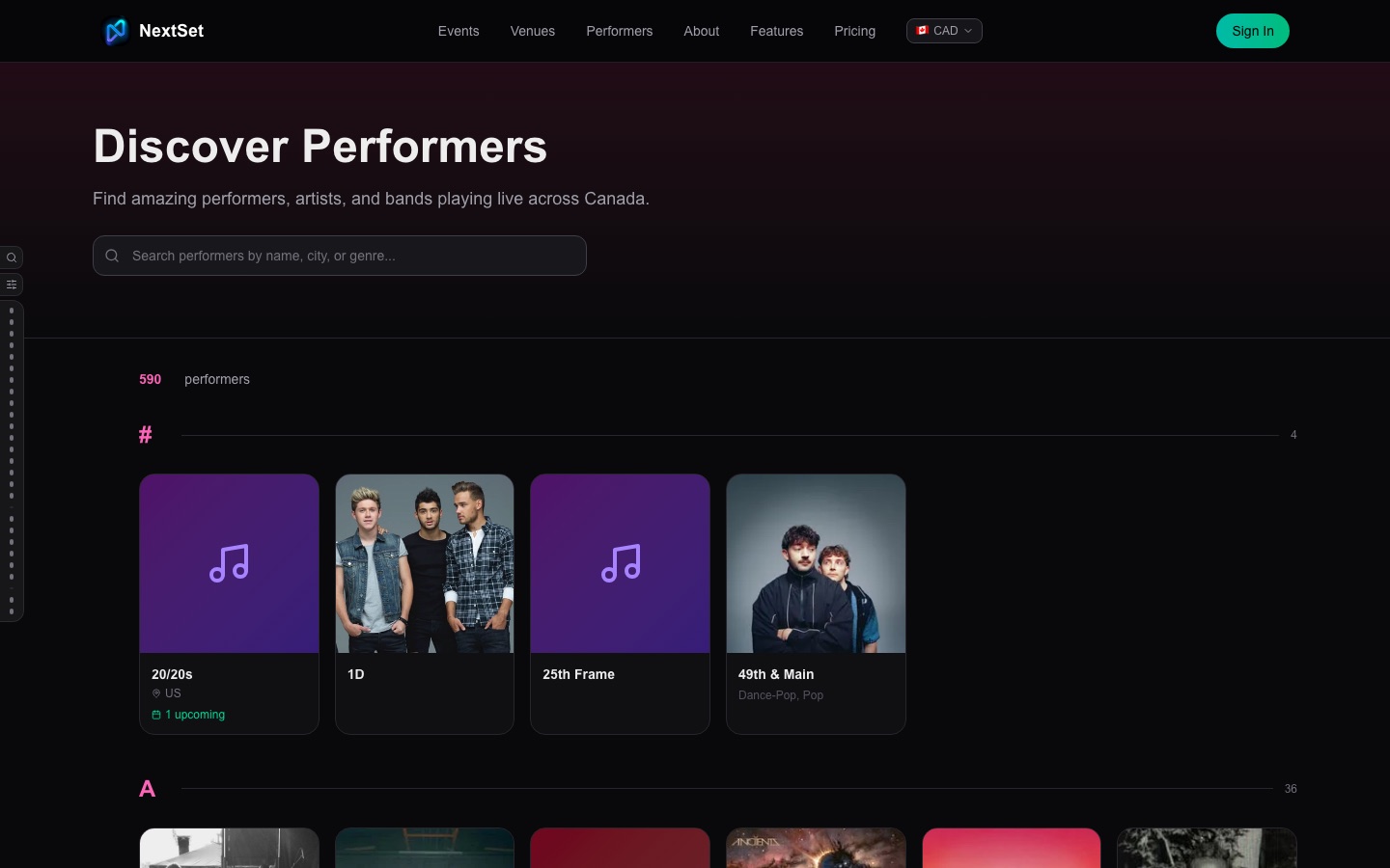 Public artist directory — band profiles are visible here once a band role is active