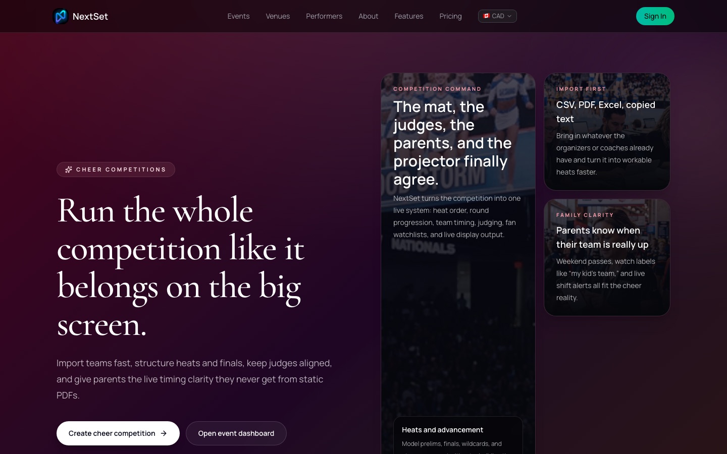 The NextSet cheerleading landing page