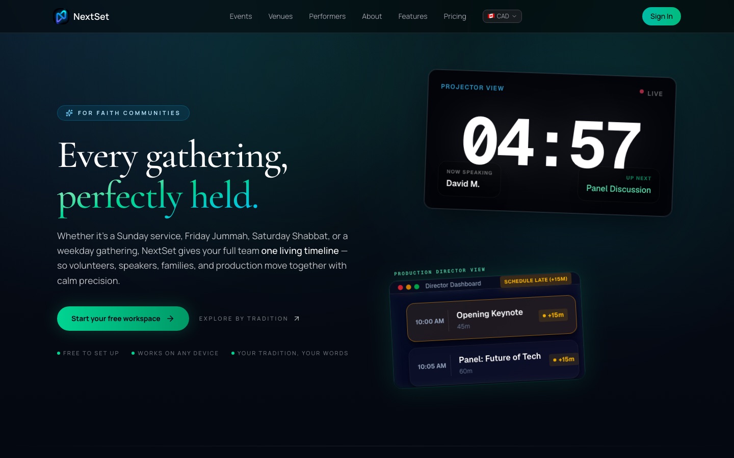 The NextSet churches landing page — the quickest starting point for Christian communities