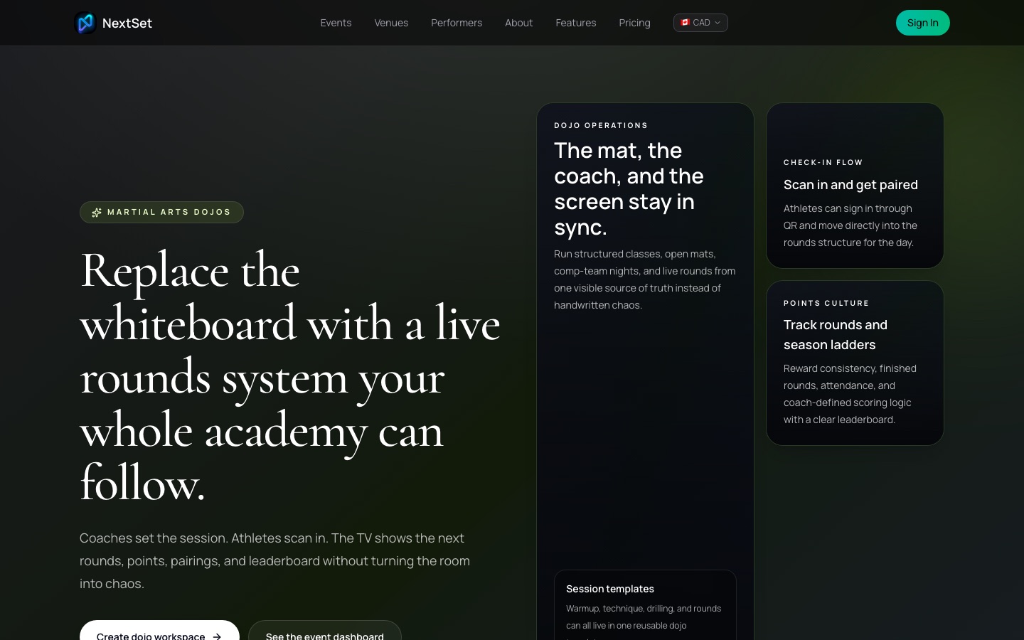 The NextSet dojos landing page