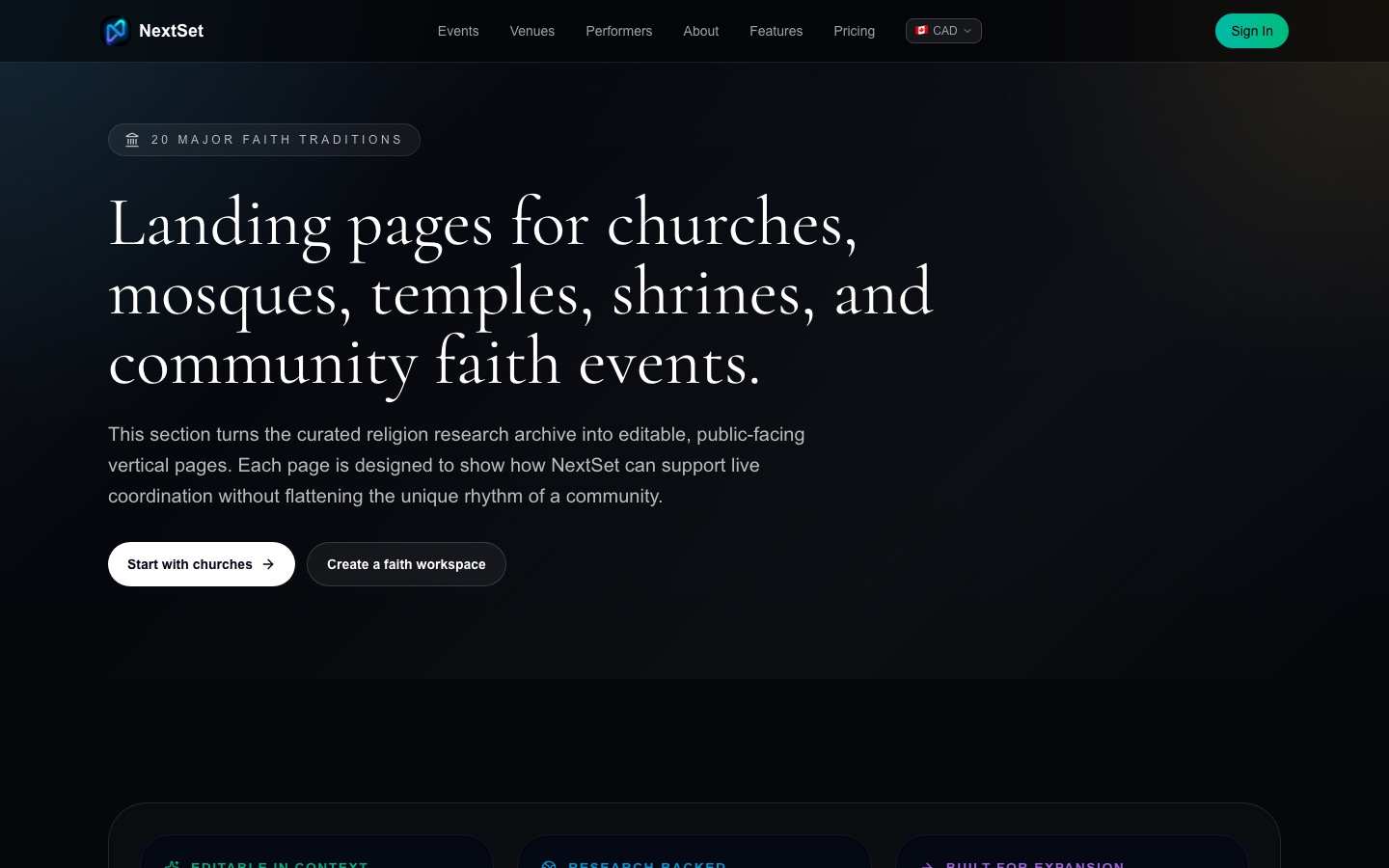 The faith-events directory showing all 20 tradition landing pages