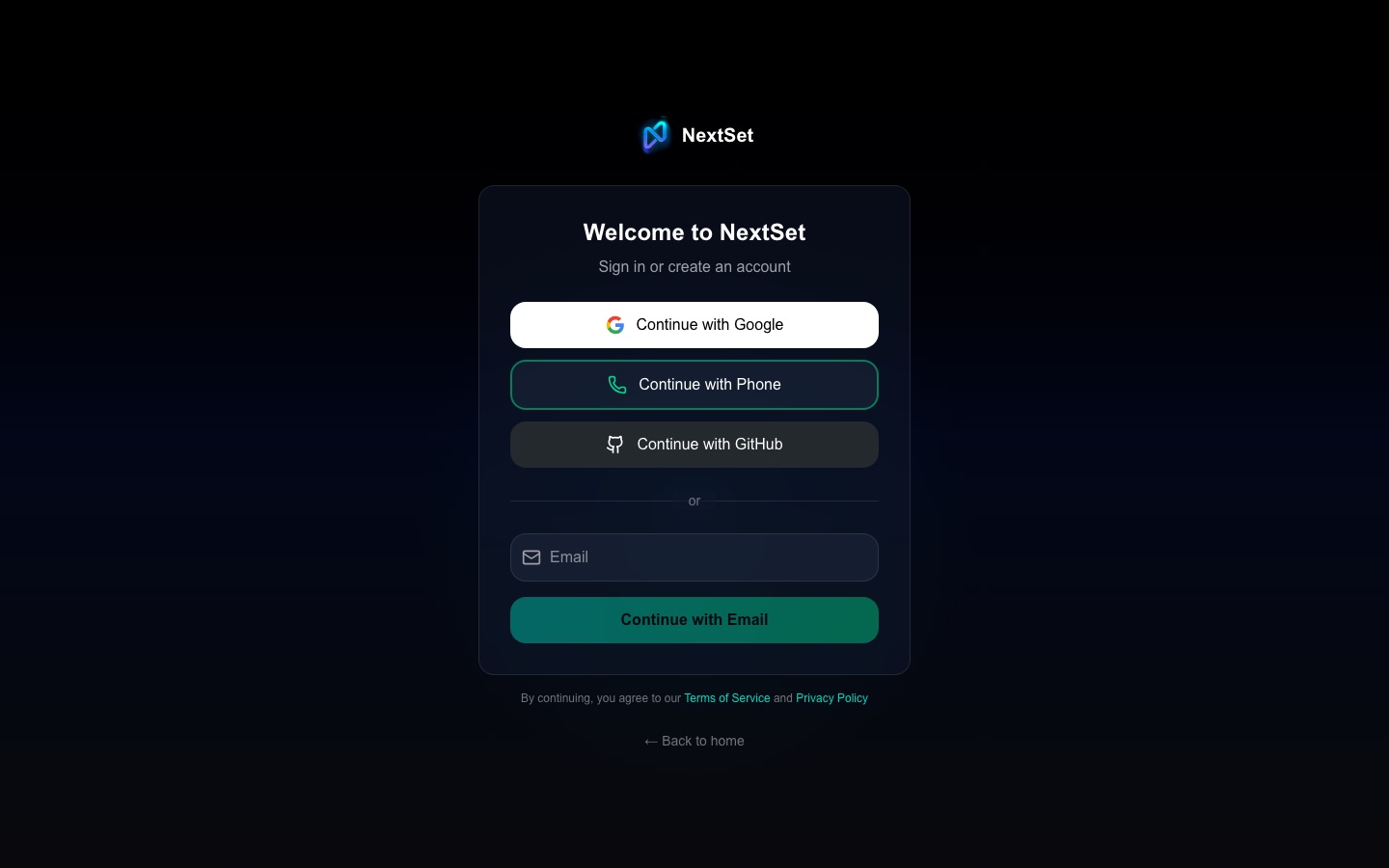 The NextSet sign-in page — use your email, Google, or phone number