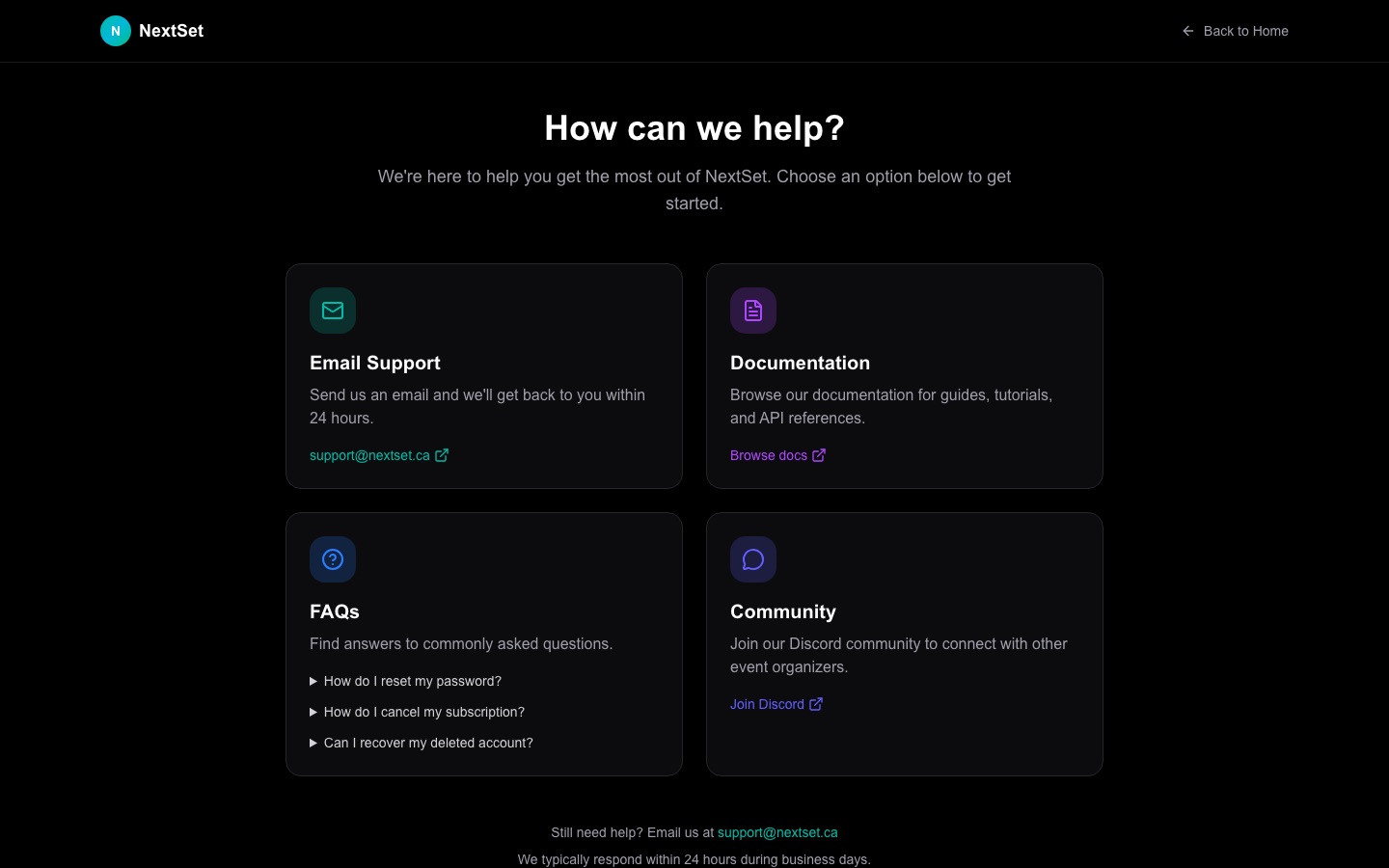 NextSet support page