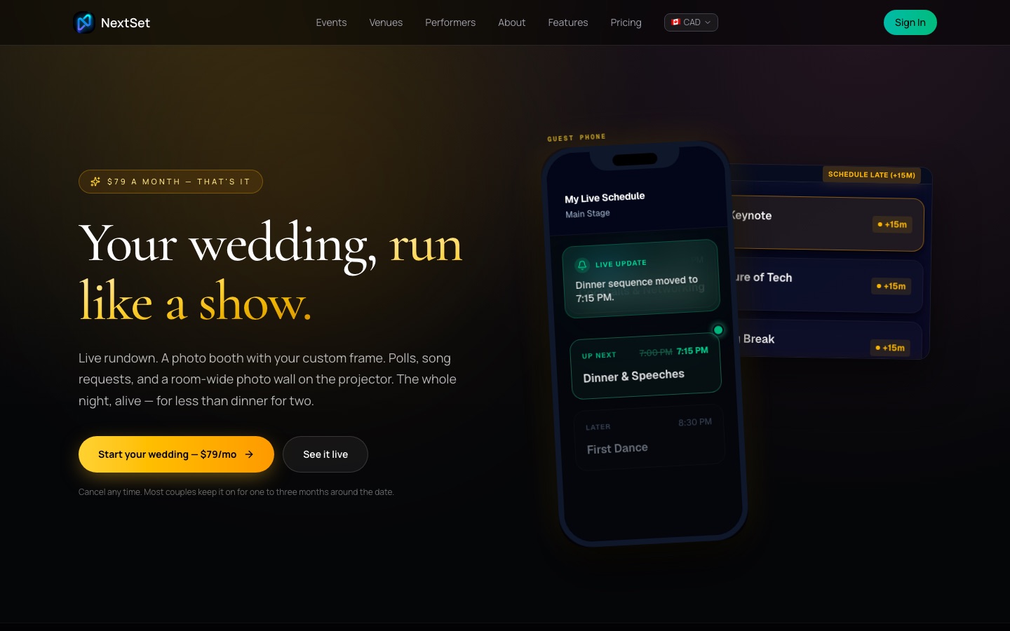 The NextSet weddings overview page
